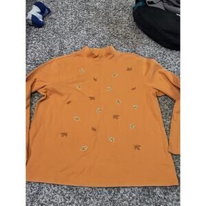 Studio Works Long Sleeve Leaf Print Top Orange Fall Leaves 100% Cotton Size L